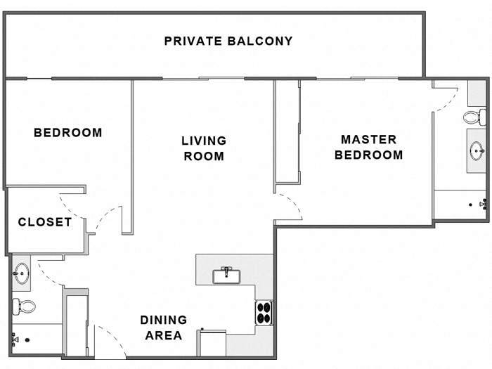 Floor plan for 2 beds, 2 baths, 970 sqft